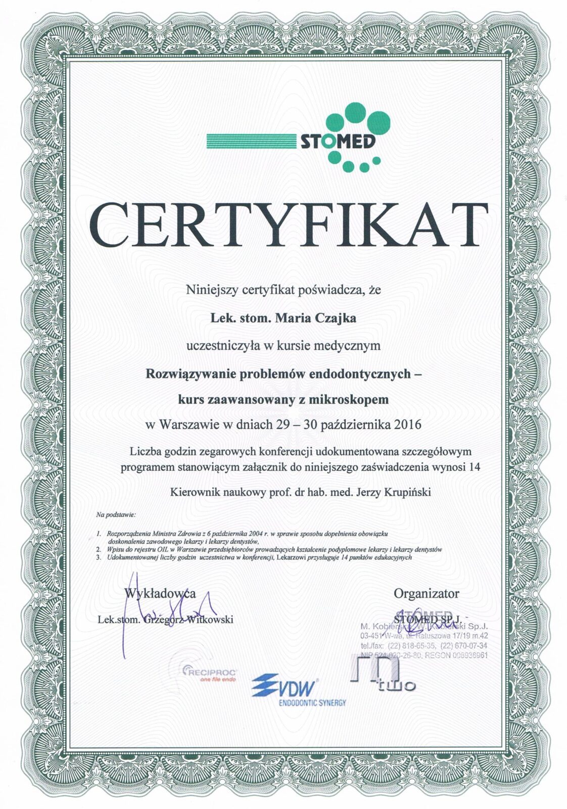 Certyfikat Maria Czajka